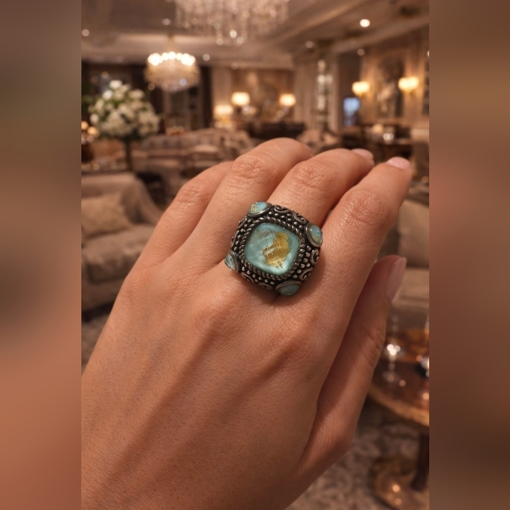 Noa 925 Turquoise gold leaf faceted quartz ladies ornate overlay ring Size 6.